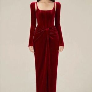 Red Velvet Draped Dress - BORDEAUX